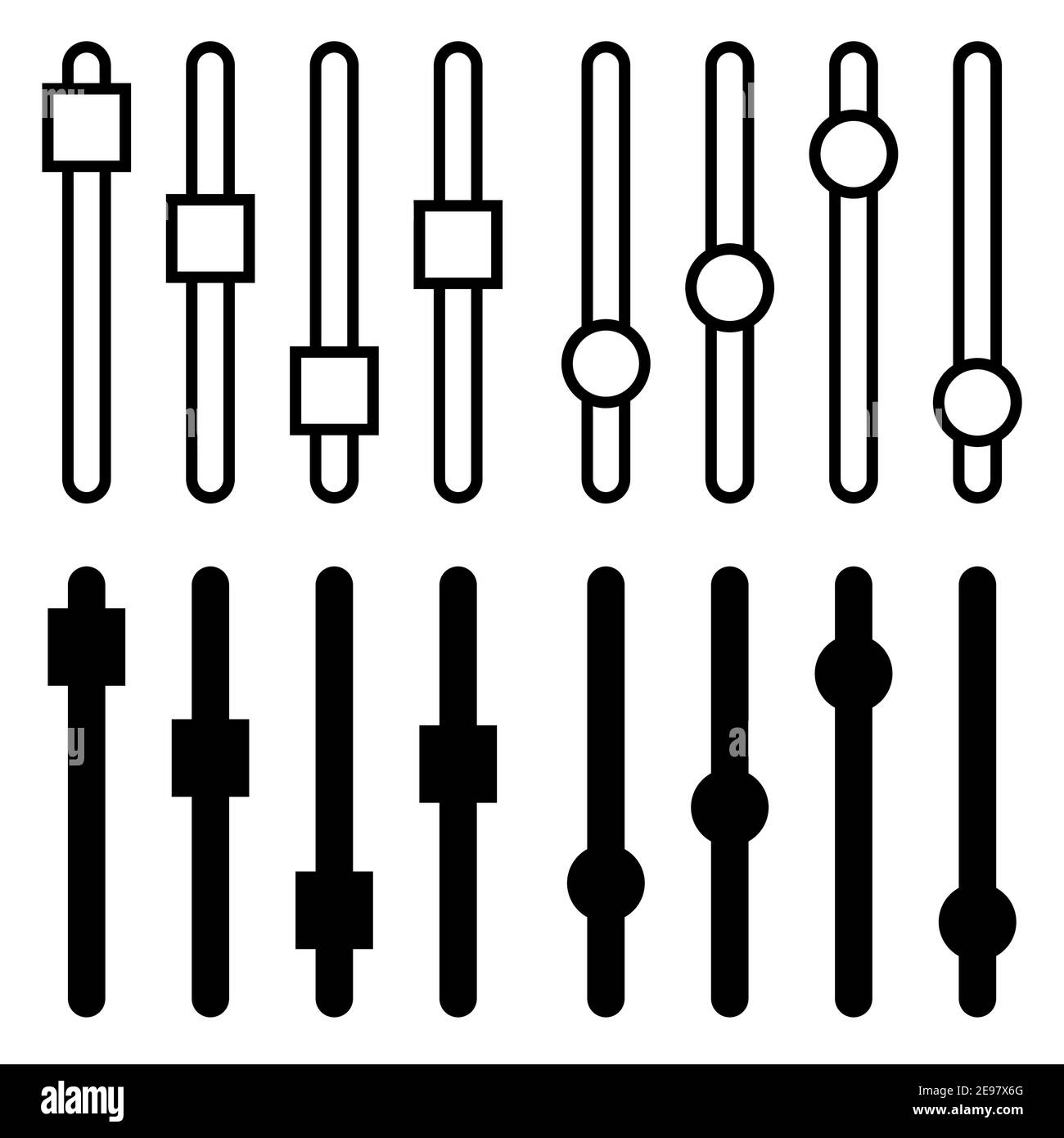 Pannello delle impostazioni o icona del cursore delle preferenze. Illustrazione vettoriale per modificare la regolazione o la regolazione del volume del miscelatore. Silhouette nera e simbolo del contorno iso Illustrazione Vettoriale