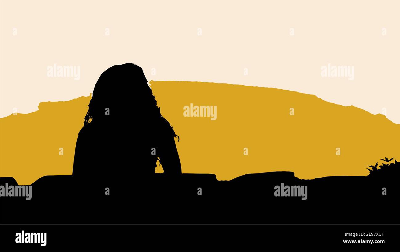 Silhouette nel disegno, ritratto di una donna al tramonto con colori oro, crema e contrasto forte, copy-space. Donna sulla sinistra. Tre colori, linea Foto Stock