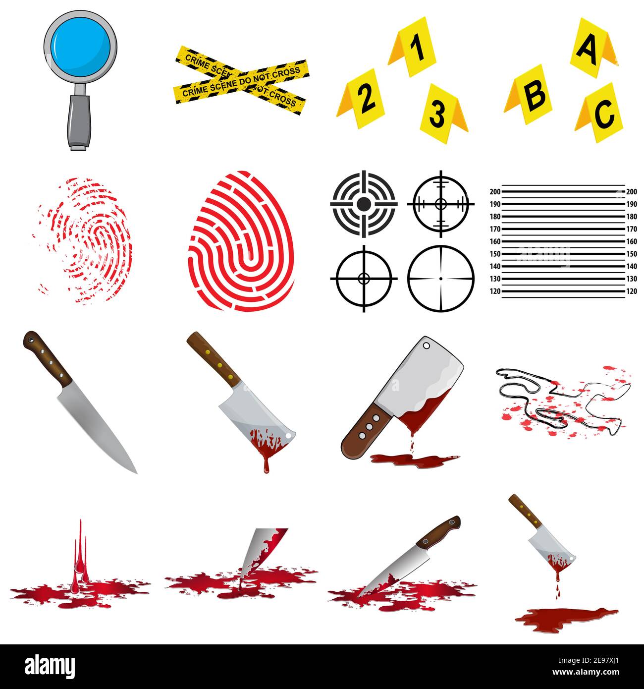 Set di icone di omicidio. Collezione di simboli del crimine. Contiene investigazioni assassino ed elementi di coltello sanguinosi. Illustrazioni forensi isolate su sfondo bianco Illustrazione Vettoriale