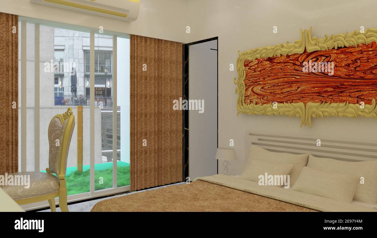 rendering 3d Illustrazione classica stile camera da letto. Bianco, nero e oro tema combinazioni classiche. Foto Stock