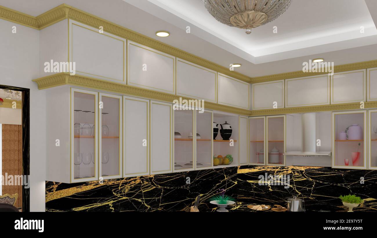 3d render Illustration cucina classica. Cucina classica a tema bianco, nero e oro. Foto Stock