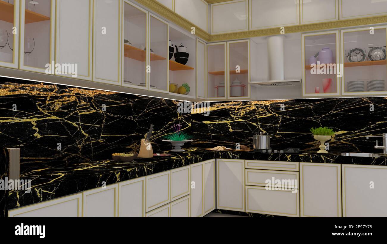 3d render Illustration cucina classica. Cucina classica a tema bianco, nero e oro. Foto Stock