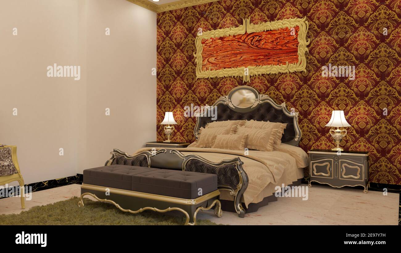 rendering 3d Illustrazione classica stile camera da letto. Bianco, nero e oro tema combinazioni classiche. Foto Stock
