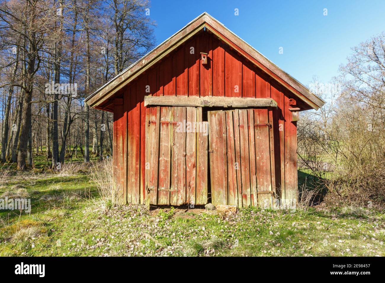 Vecchio capannone di legno rosso con porte storte Foto Stock