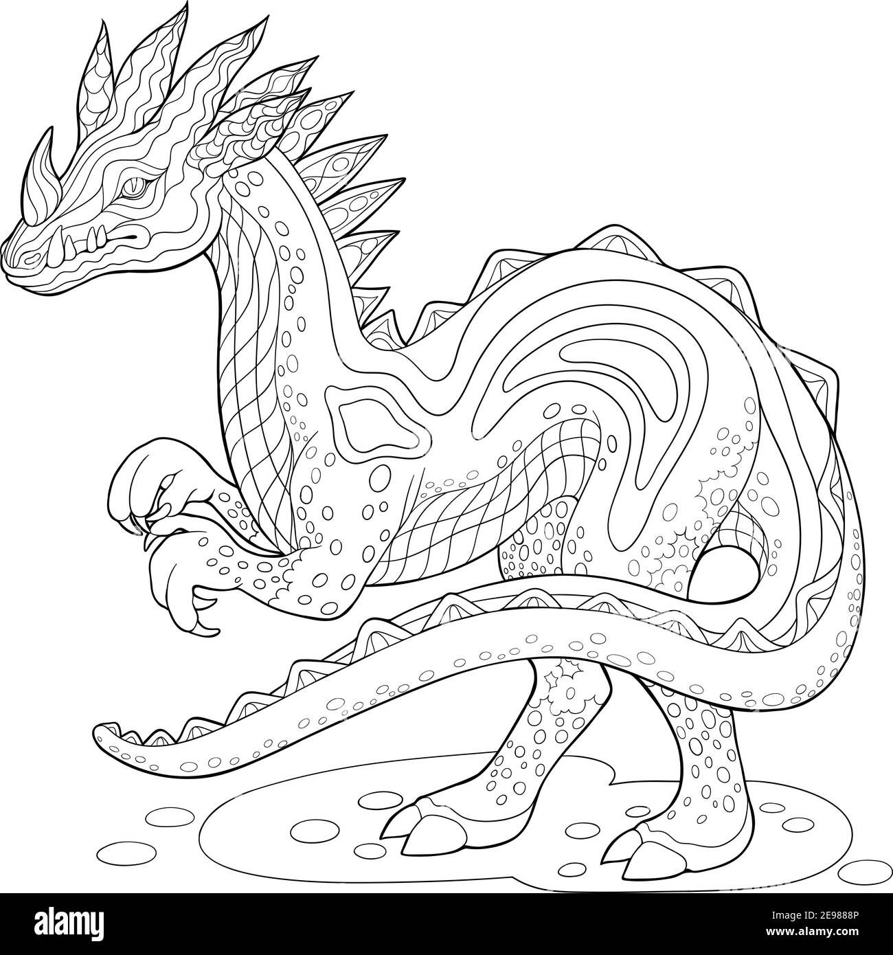 Libro da colorare. Dinosauro divertente in un paesaggio preistorico. Cartoon e vettore isolato carattere su sfondo. Illustrazione Vettoriale