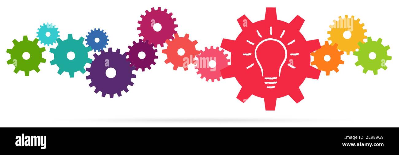 illustrazione vettoriale eps di ingranaggi colorati che simboleggiano la cooperazione o il lavoro di squadra elabora con una lampadina incandescente per un'idea di soluzione ottimale Illustrazione Vettoriale