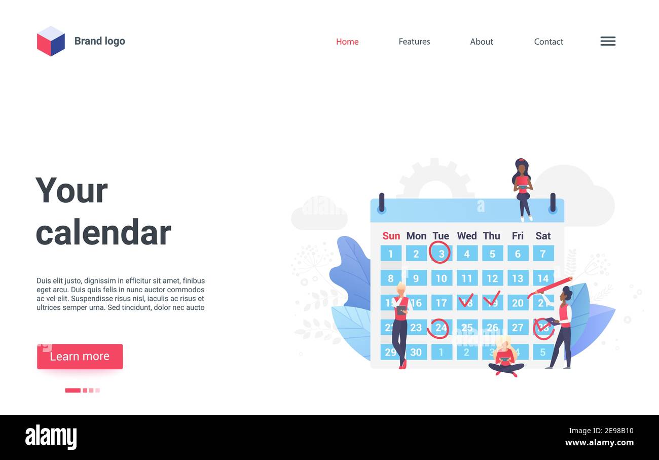 Illustrazione del vettore del calendario di Business Planner. Sistema cartoon agenda per organizzare e pianificare riunioni di scadenza, pianificare appuntamenti con persone minuscole, strategia di gestione del tempo landing page Illustrazione Vettoriale