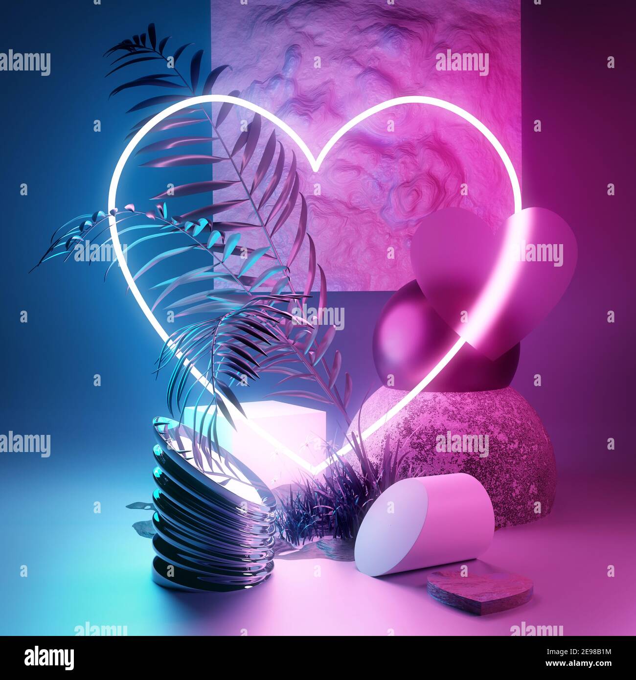 Piattaforma di sfondo per la composizione dello studio con un cuore al neon rosa e ciano brillante. Rappresentazione dell'illustrazione della fase 3D. Foto Stock