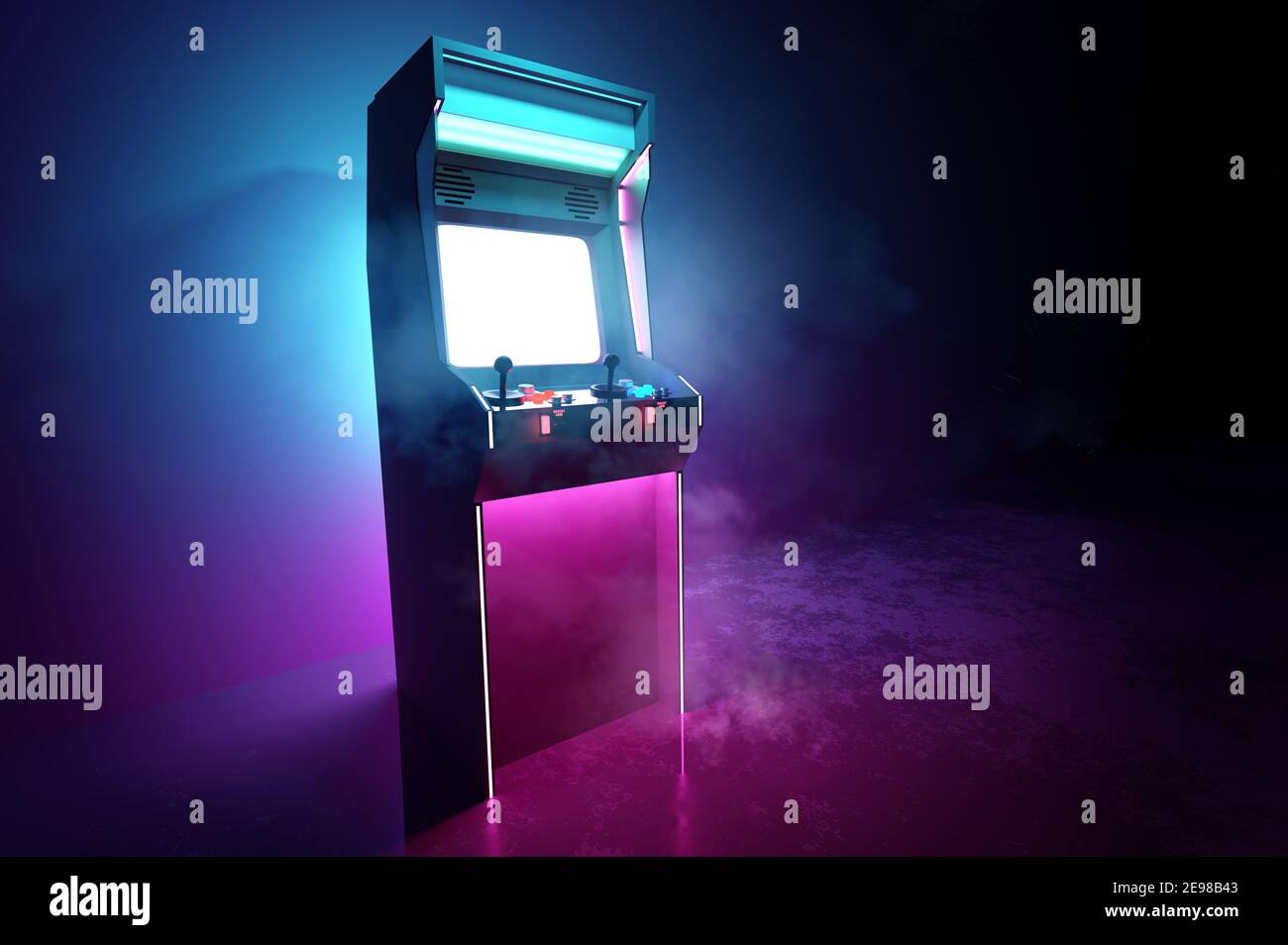Neon rosa e ciano incandescente giochi retrò arcade machine sfondo. Illustrazione 3D. Foto Stock