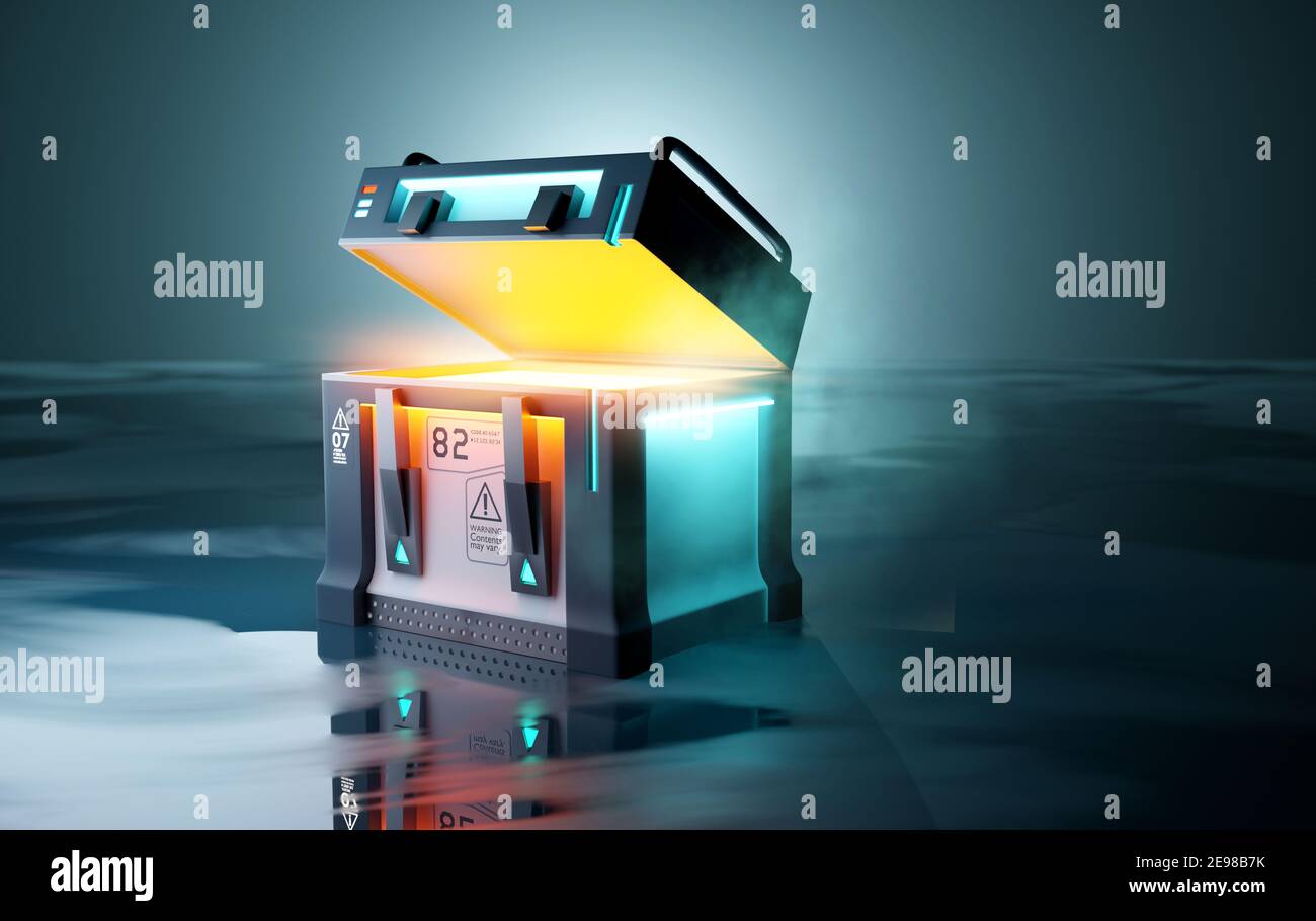 Confezione di prodotti consumabili/di cura futuristici creativi per il gaming loot box. Illustrazione 3D. Foto Stock