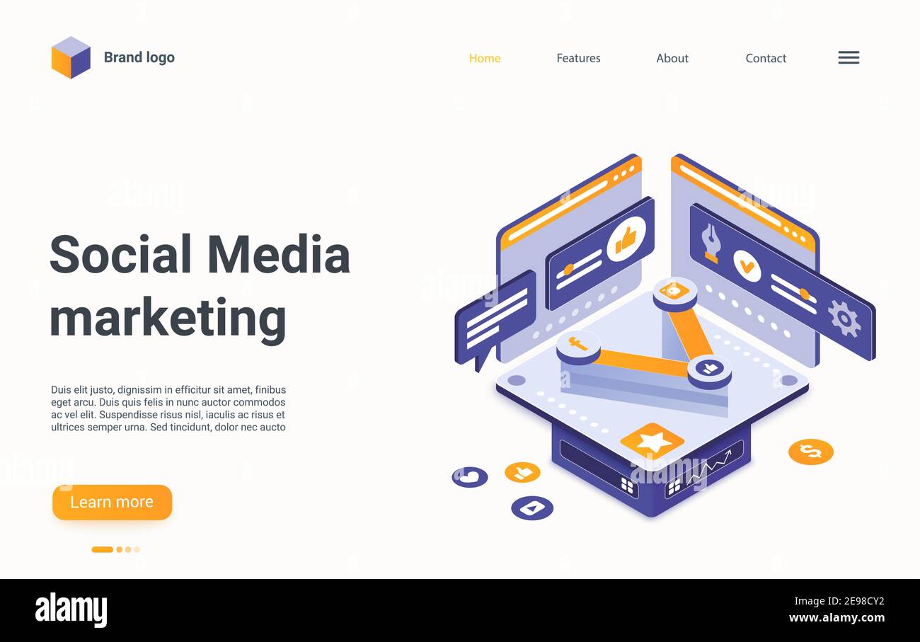 Illustrazione vettoriale isometrica della tecnologia di marketing dei social media. Cartoon 3d marketer analyst workstation, macchina astratta che lavora in social network su internet campagna analisi report landing page Illustrazione Vettoriale