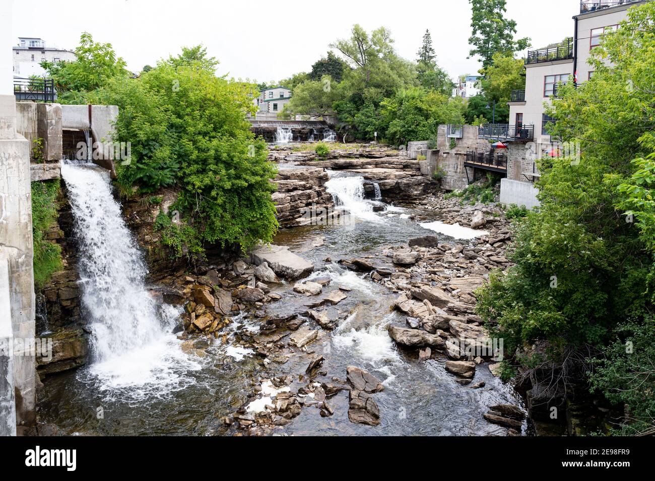 Almonte Falls, Ontario, Canada, una cascata a più livelli e segmentata, che circonda piccoli alberi e erbe sulla roccia. Foto Stock