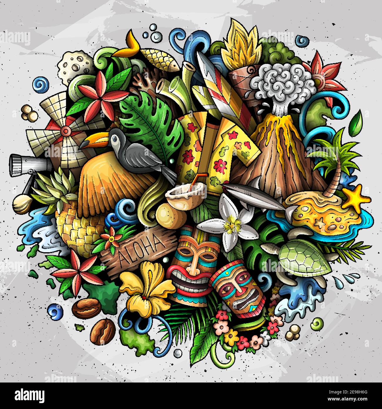 Hawaii disegnata a mano cartoni animati doodle illustrazione. Illustrazione Vettoriale