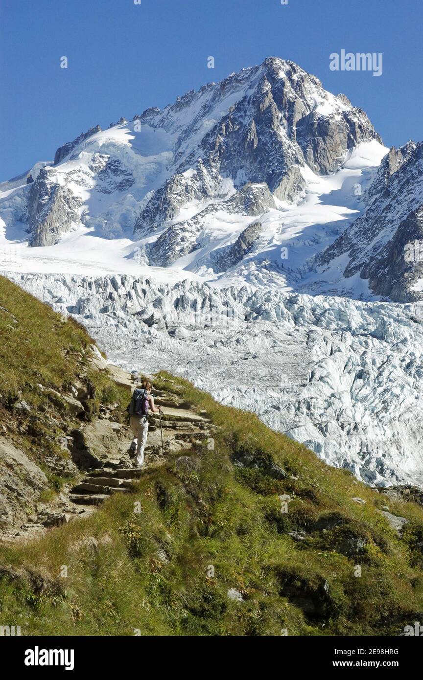 Una signora escursionista sul sentiero da lac Charamillon al Rifugio Albert Premier nelle Alpi francesi, con l'Aiguille de Chardonnet e il ghiacciaio Du To Foto Stock
