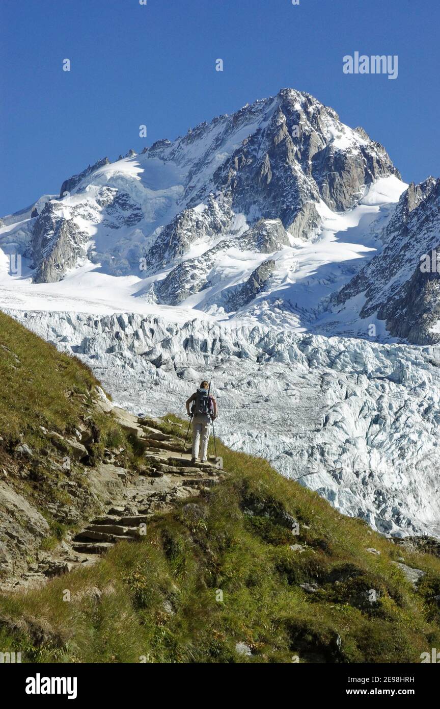 Una signora escursionista sul sentiero da lac Charamillon al Rifugio Albert Premier nelle Alpi francesi, con l'Aiguille de Chardonnet e il ghiacciaio Du To Foto Stock
