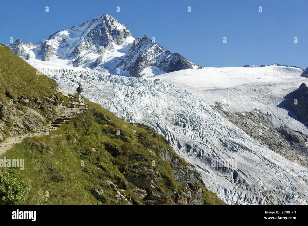 Una signora escursionista sul sentiero da lac Charamillon al Rifugio Albert Premier nelle Alpi francesi, con l'Aiguille de Chardonnet e il ghiacciaio Du To Foto Stock