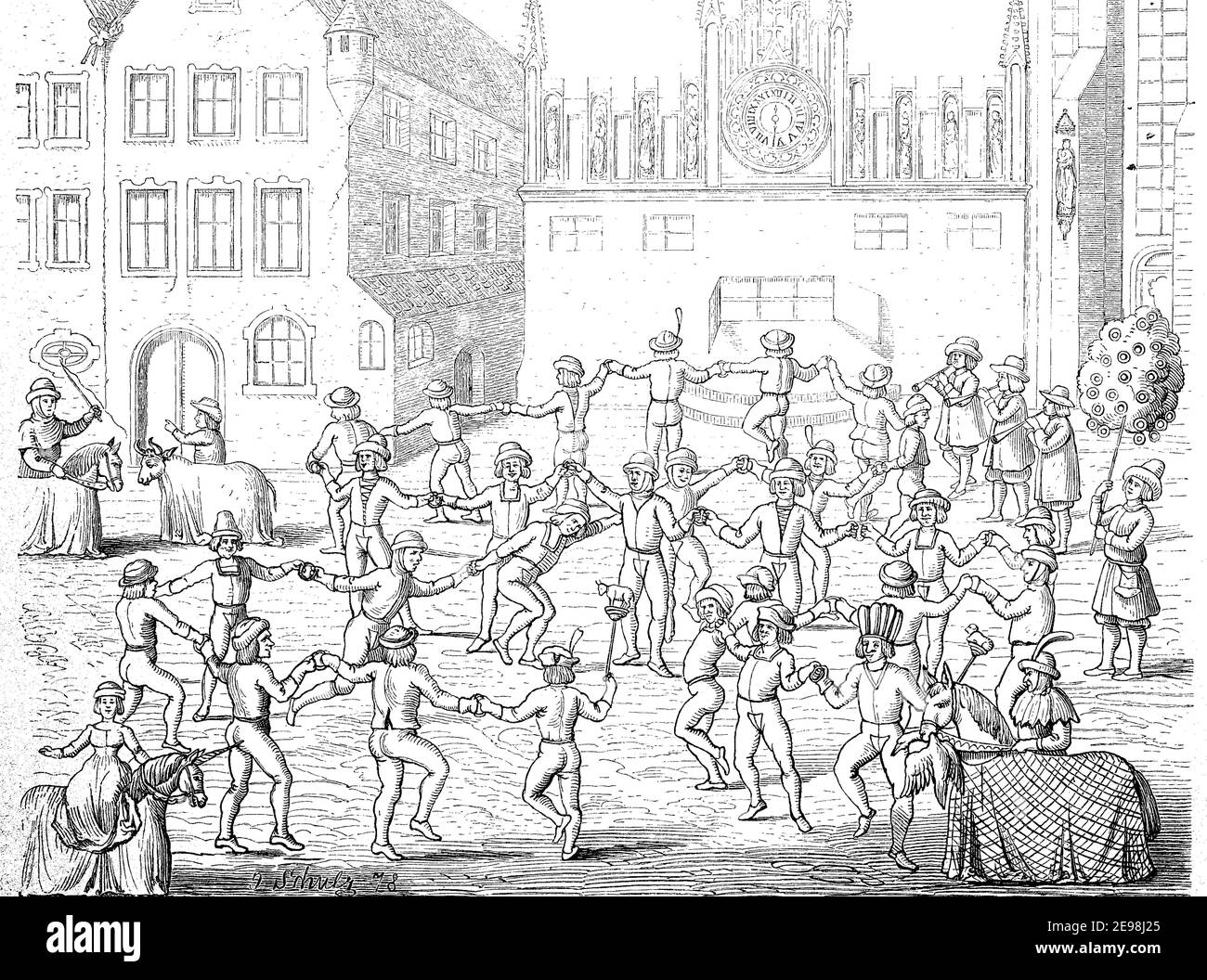 La danza macellaio del 1449, Norimberga, Baviera, Germania, divertimento popolare nel 16 ° e 17 ° secolo / Der Metzgertanz aus 1449, Nürnberg, Bayern, Deutschland, Volksbelustigung im 16. Und 17. Jahrhundert, Historisch, storico, digitale riproduzione migliorata di un originale del 19 ° secolo / digitale Reproduktion einer Originalvollage aus dem 19. Jahrhundert, Foto Stock