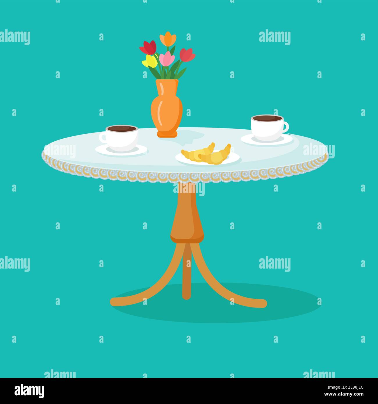 Elegante tavolo in un caffè. Vettore cartoon. Tovaglia aperta, tazze da caffè, croissant, fiori primaverili in vaso. Illustrazione Vettoriale