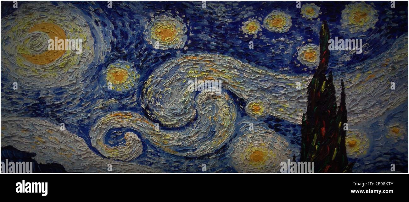 La notte stellata , pittura d'arte olio colore luna montagna villaggio , van Gogh , dipinti famosi Foto Stock
