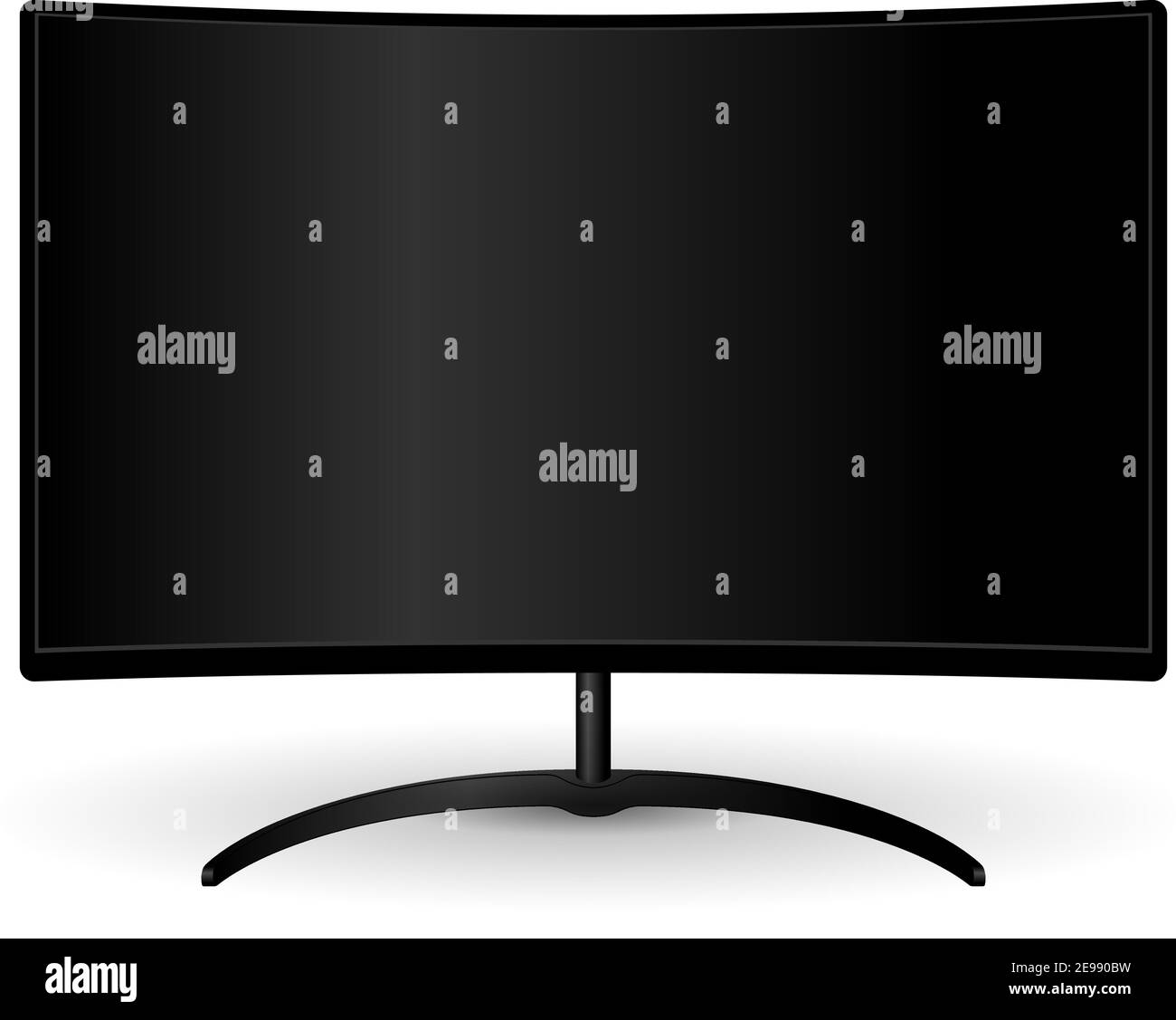 Monitor TV Full hd nero con ampio schermo curvo. Dispositivo di visualizzazione a LED elettronico per presentazioni Web. Illustrazione vettoriale HQ per la pubblicità. Blan Illustrazione Vettoriale