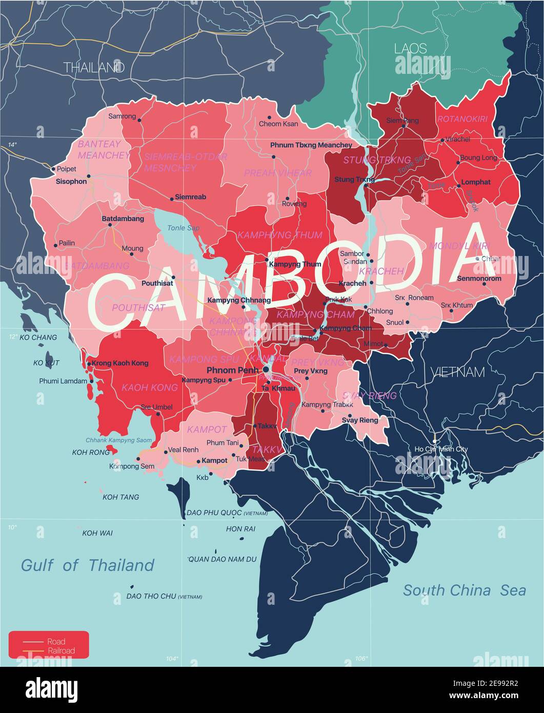 Cambogia paese Mappa dettagliata modificabile con regioni città e città, strade e ferrovie, siti geografici. File vettoriale EPS-10 Illustrazione Vettoriale