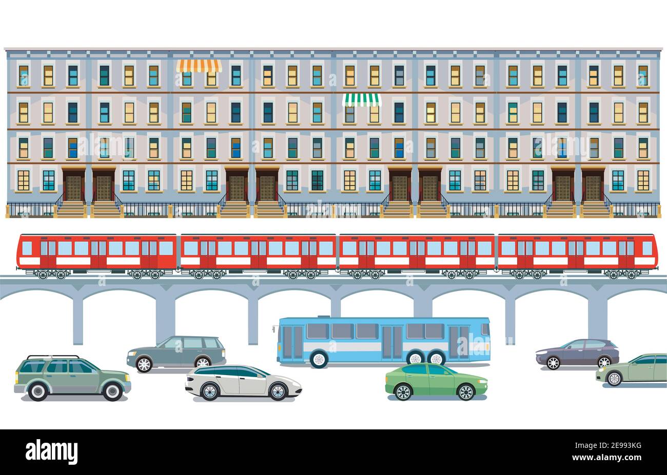 Traffico stradale con elevato treno, autobus e ciclista e illustrazione del paesaggio urbano Illustrazione Vettoriale