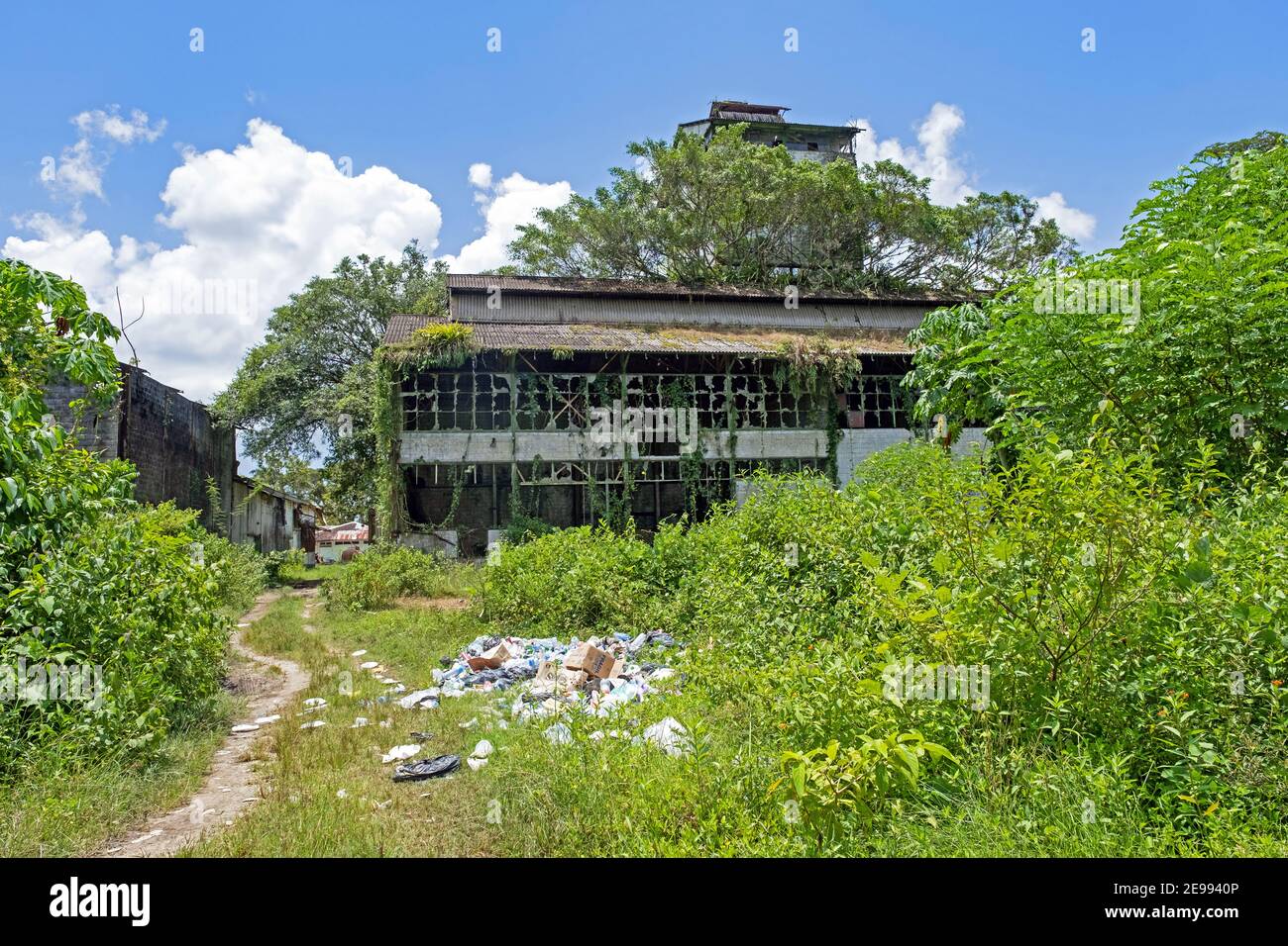 Residuo della vecchia fabbrica a Mariënburg, ex piantagione di canna da zucchero e villaggio nel distretto di Commewijne nel Suriname settentrionale / Surinam Foto Stock