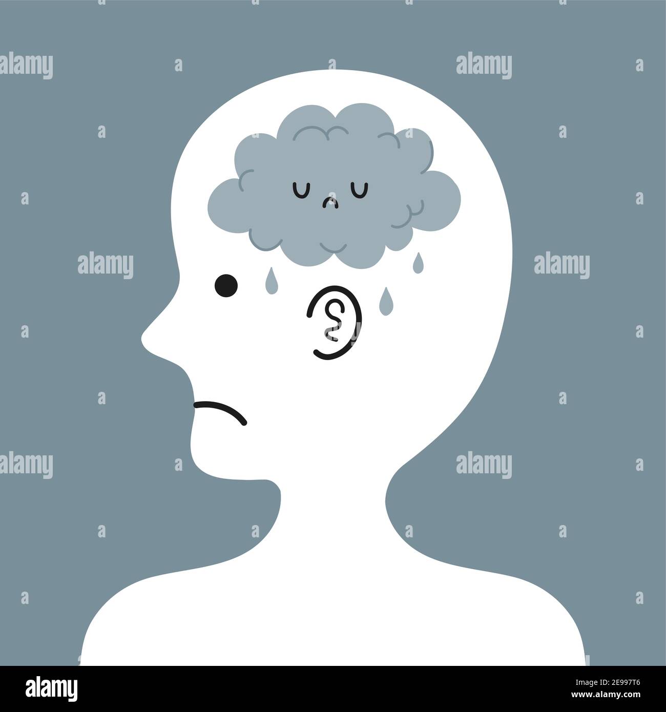 Cute triste testa umana in profilo con nuvola di pioggia all'interno. Cattiva condizione mentale, emotiva. Icona di illustrazione del carattere cartoon vettoriale. Concetto di depressione Illustrazione Vettoriale