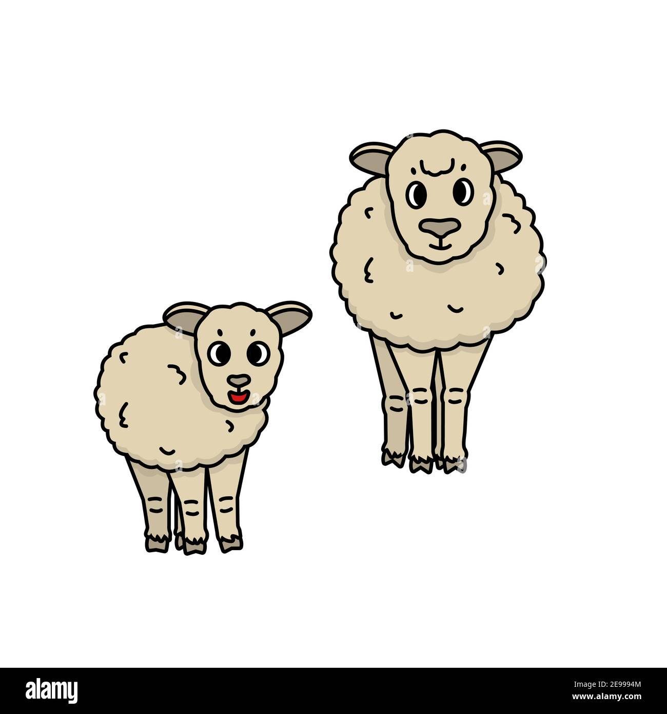 Set di due animali da fattoria. Carino cartoon pecora madre e soffice piccolo agnello bambino. I caratteri isolati sono su sfondo bianco Illustrazione Vettoriale