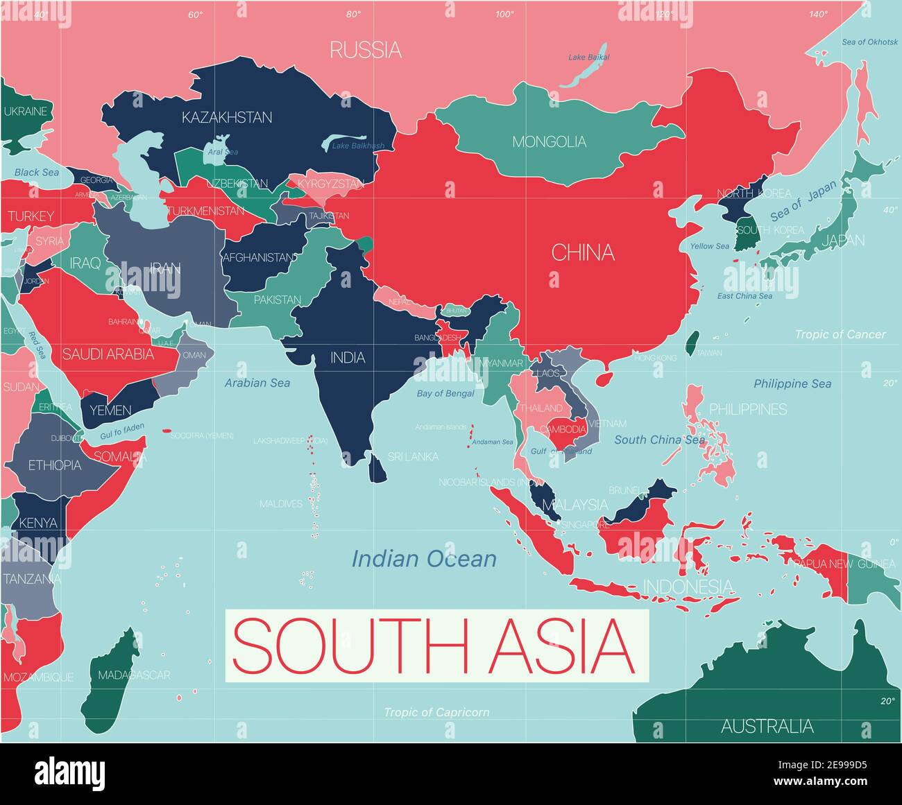 Regione dell'Asia meridionale Mappa dettagliata modificabile con paesi città e città. File vettoriale EPS-10 Illustrazione Vettoriale