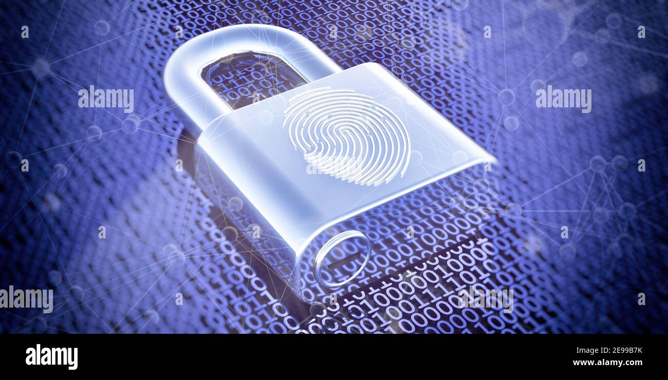 Tecnologia futuristica per la sicurezza informatica. Interfaccia per impronte digitali, scanner per password, lucchetto di intelligenza artificiale ai. Autenticazione digitale, biometrica A. Foto Stock