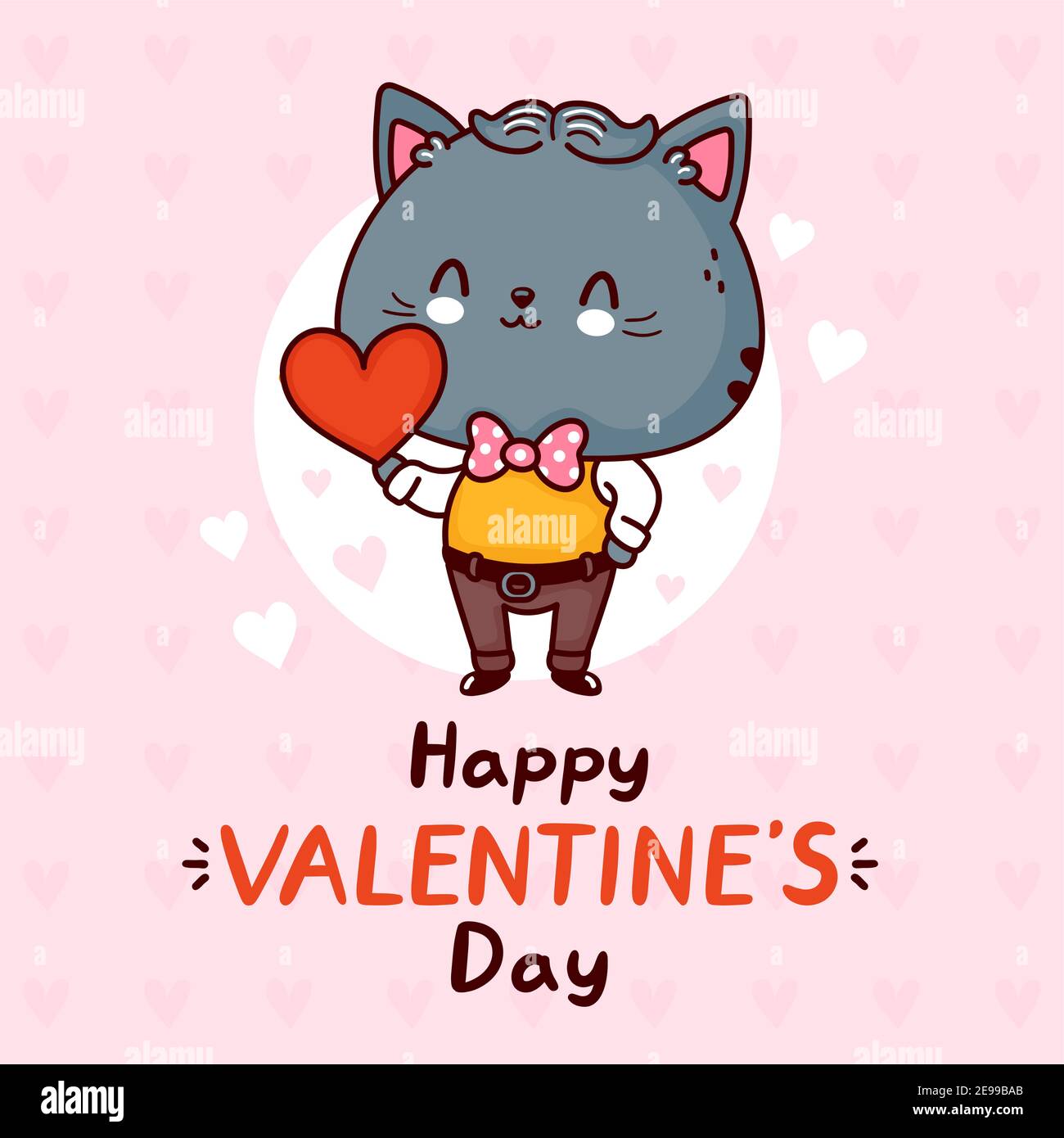 Simpatico simpatico simpatico gatto con cuore. Happy valentines carta giorno. Icona di illustrazione del carattere kawaii della cartoon vettoriale a linea piatta. Concetto regalo Cat valentines day Illustrazione Vettoriale