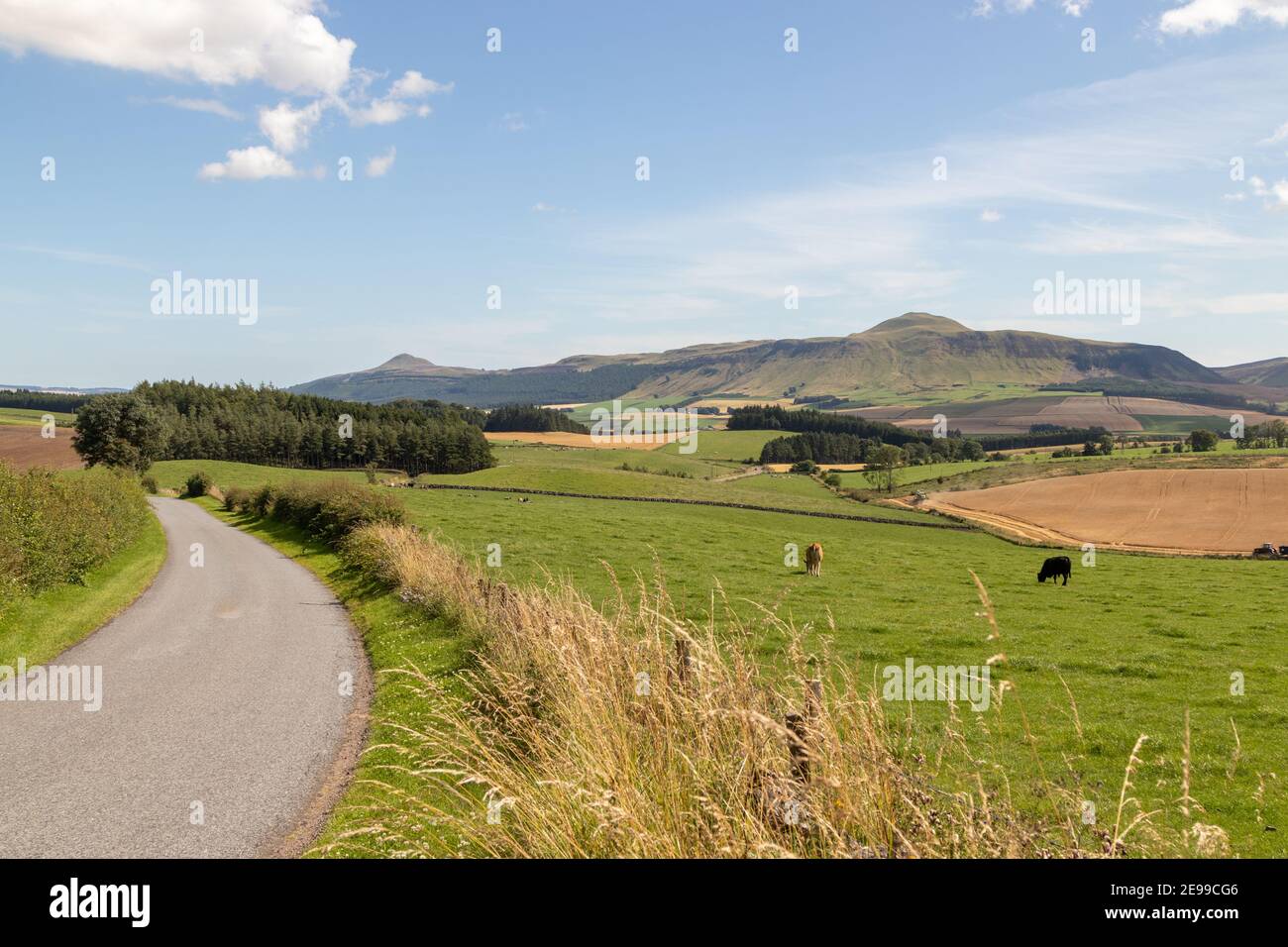 Una tranquilla strada B che si affaccia sul Lomond Hills Fife, Scozia Foto Stock