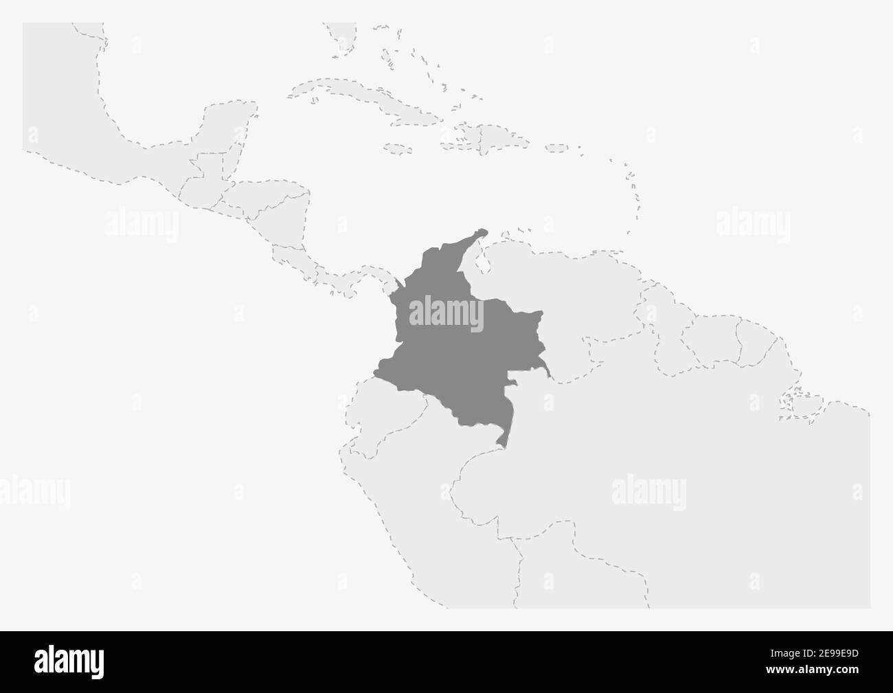 Mappa dell'America con la mappa della Colombia evidenziata, mappa grigia della Colombia con i paesi vicini Illustrazione Vettoriale