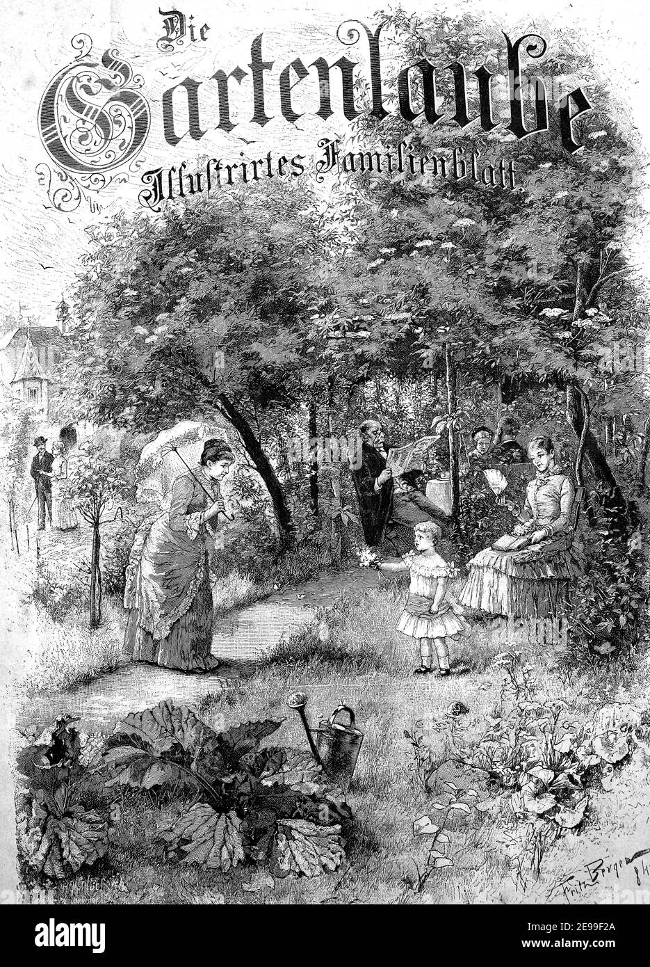 Copertina della rivista Die Gartenlube nel 1887, idillio familiare in località estiva / Titelbild der Zeitschrift Die Gartenlube im Jahre 1887, Familienidyll in der Sommerfrische, Historisch, storico, digitale riproduzione migliorata di un originale del 19 ° secolo / digitale Reproduktion einer Originalvorlage aus dem 19. Jahrhundert Foto Stock