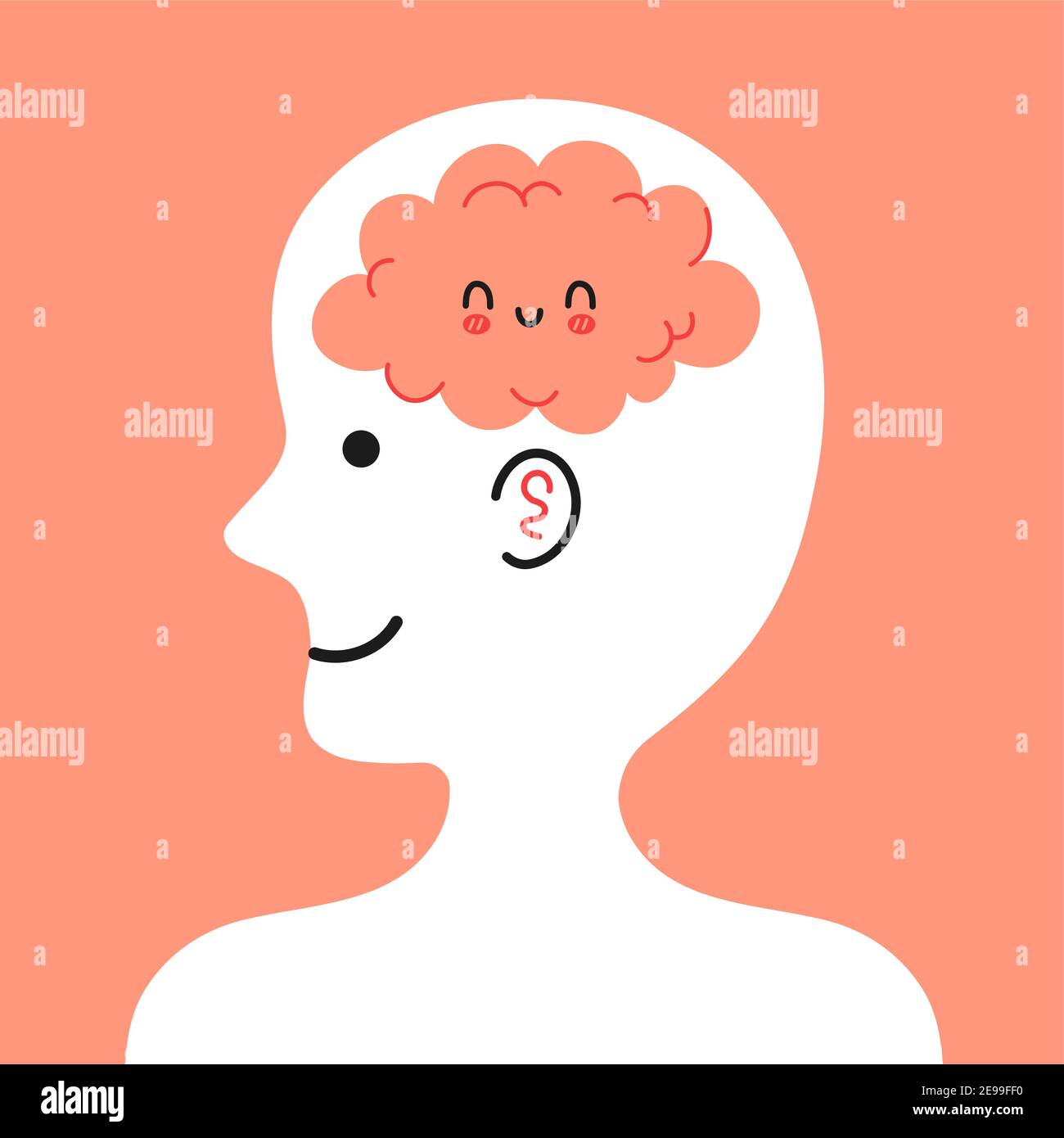 Cute testa umana in profilo con cervello felice all'interno. Buon umore, mentale, concetto di condizione emotiva. Icona di illustrazione del carattere cartoon vettoriale Illustrazione Vettoriale
