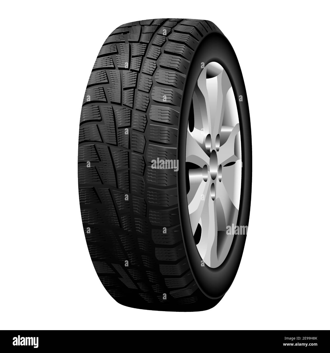 Pneumatico invernale. Cerchio cromato con pneumatici ruote realistici, isolato. Pneumatico per auto con battistrada da neve. Protezione in gomma congelata. Sport, autobus o trasporti suv Illustrazione Vettoriale