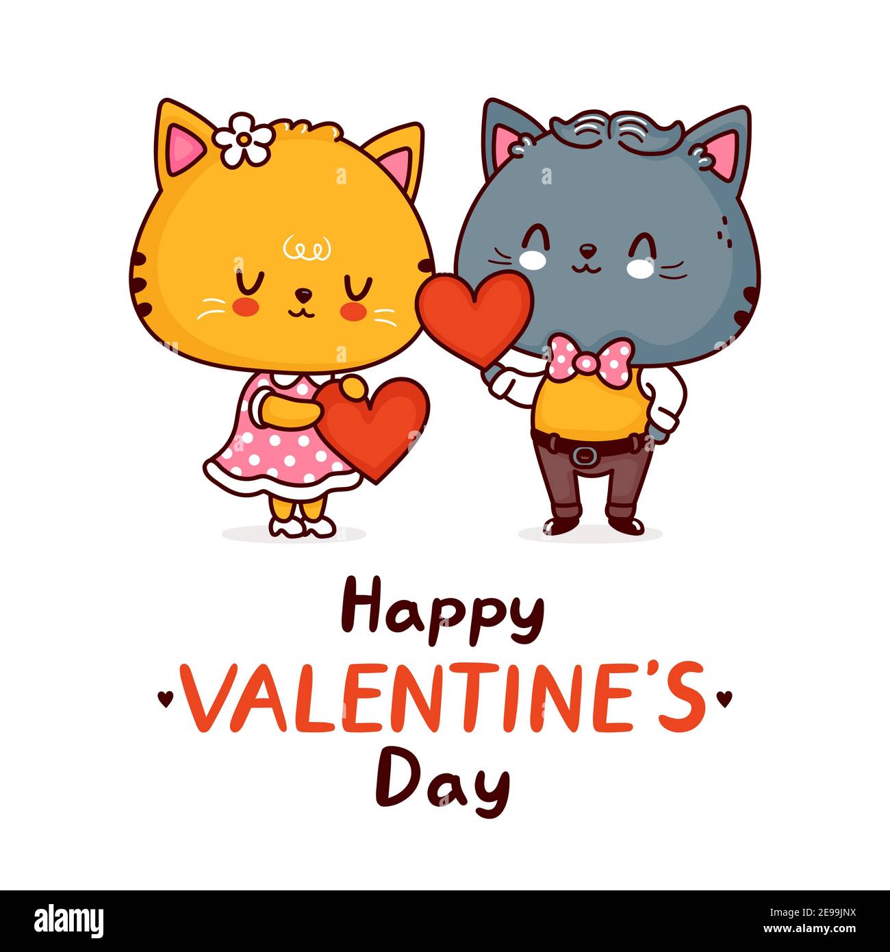 Simpatico simpatico simpatico simpatico gatto coppia con i cuori. Happy valentines carta giorno. Icona di illustrazione del carattere kawaii della cartoon vettoriale a linea piatta. Concetto di cuore regalo di San Valentino. Isolato su sfondo bianco Illustrazione Vettoriale