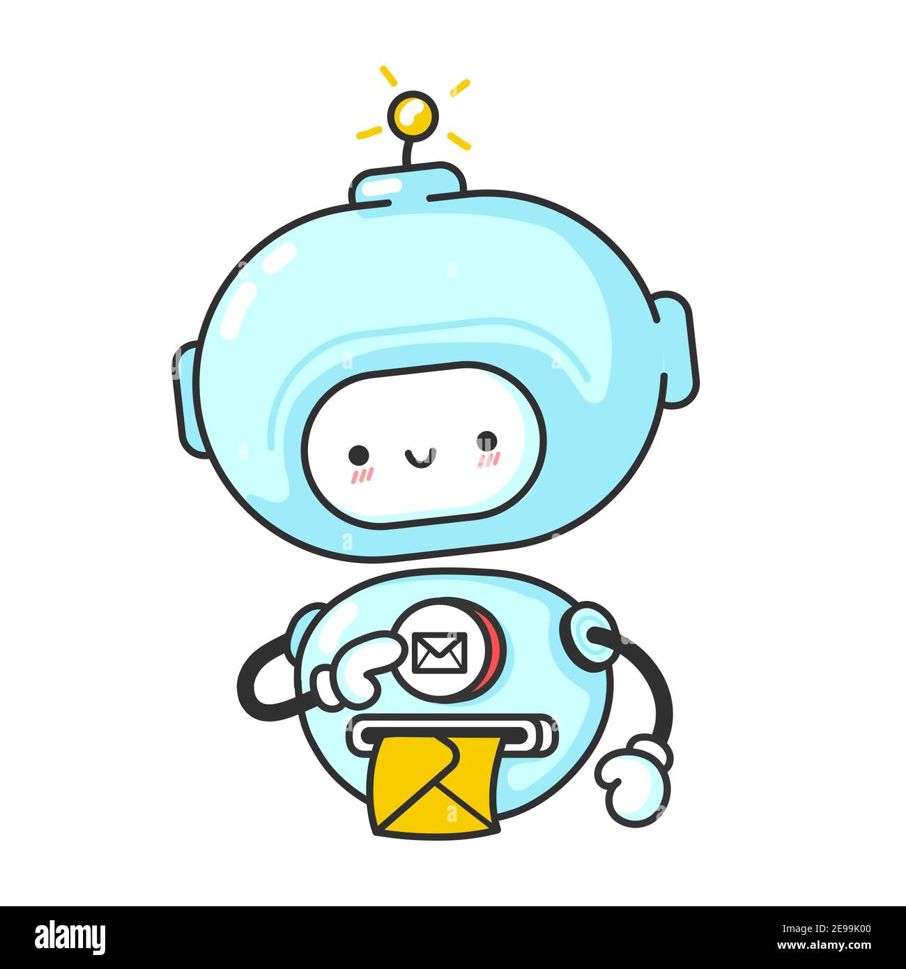 Divertente robot carino, chat bot stampa la lettera. Icona di illustrazione del carattere kawaii della cartoon vettoriale a linea piatta. Isolato su sfondo bianco. Robot, concetto di carattere bot mascot Illustrazione Vettoriale