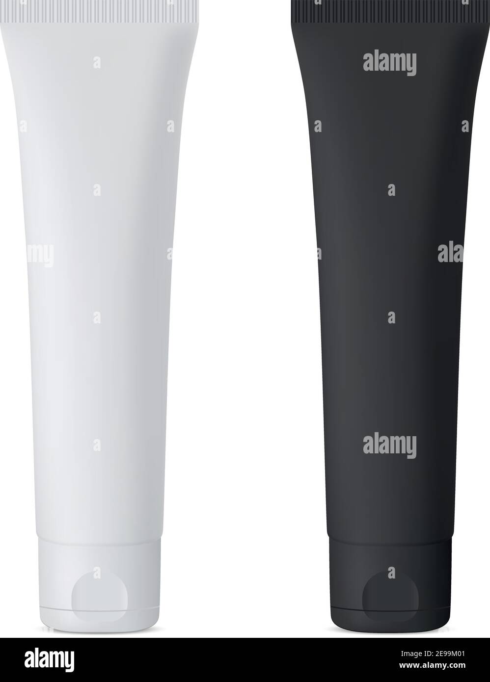 Tubo cosmetico per crema. Set di Mockup vettoriali in bianco e nero. Confezione morbida di lusso per gel, pasta dentaria, maschera. Contenitore in plastica con tappo per Skin Care Moi Illustrazione Vettoriale