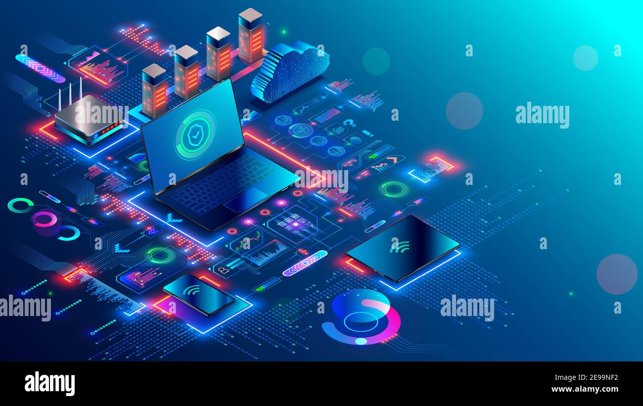Tecnologia di protezione della rete informatica. Struttura di rete di computer locale comunicazione con data center o server online tramite Internet protetto Illustrazione Vettoriale