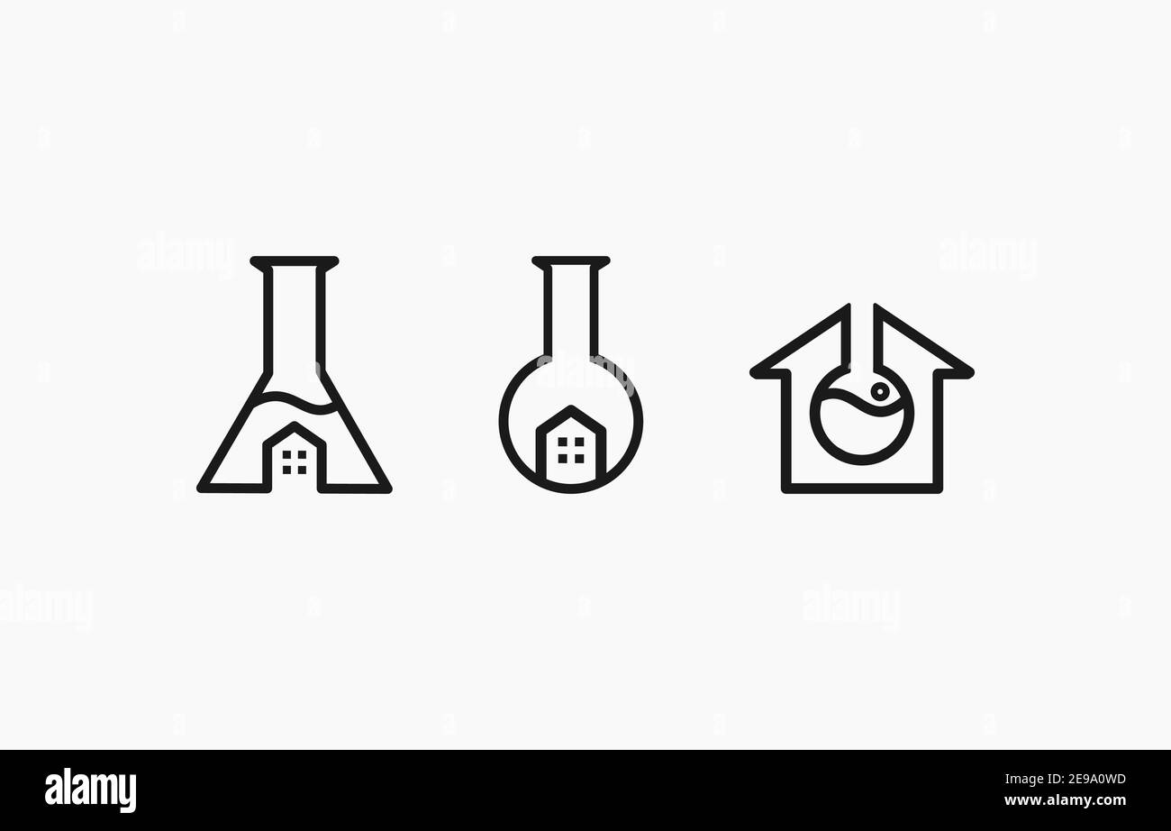 Modello vettoriale per logo della casa di laboratorio in vetro adatto per la scienza, la salute e il marchio della conoscenza Illustrazione Vettoriale