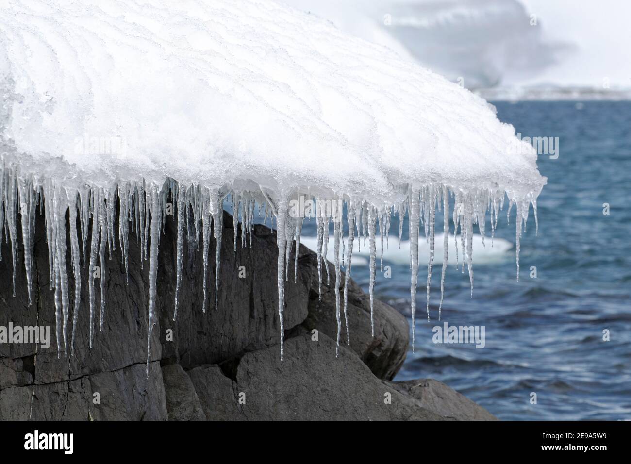 Formazione di iciclette per fusione e refreezing su iceberg nel porto di Mikkelsen, Antartide. Foto Stock