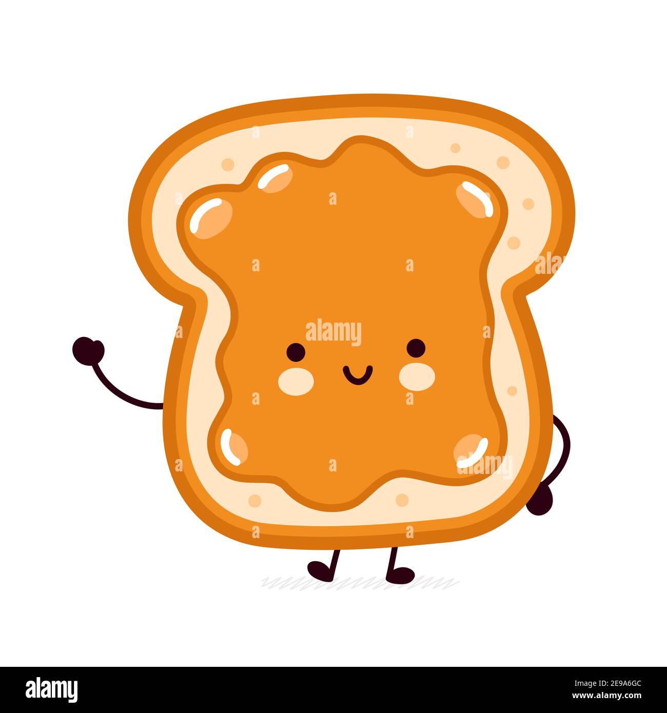 Delizioso pane tostato divertente con il carattere burro di arachidi. Icona di illustrazione del carattere kawaii della cartoon vettoriale a linea piatta. Isolato su sfondo bianco. Toast con concetto di mascotte del carattere del viso Illustrazione Vettoriale