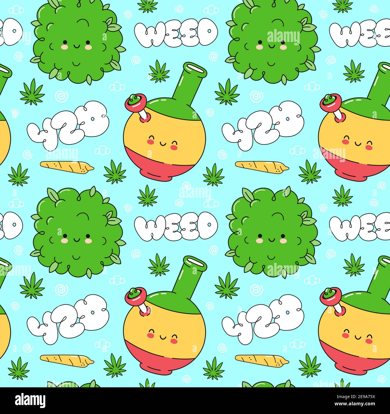 Erbacce marijuana modello senza cuciture. Grafica vettoriale a forma di cartoni animati piatti kawaii. Concetto di trippy, WEed, 420 pattern Illustrazione Vettoriale