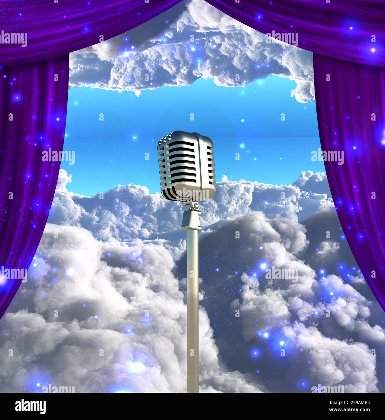 Microfono vintage e teli da palco. Rendering 3D Foto Stock