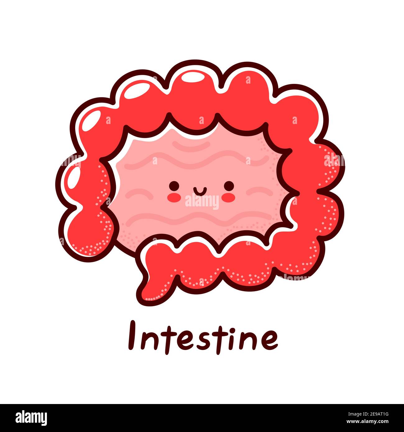 Carino divertente personaggio dell'organo dell'intestino umano. Icona di illustrazione del carattere kawaii della cartoon vettoriale a linea piatta. Isolato su sfondo bianco. Intestino con concetto di mascotte del carattere del viso Illustrazione Vettoriale