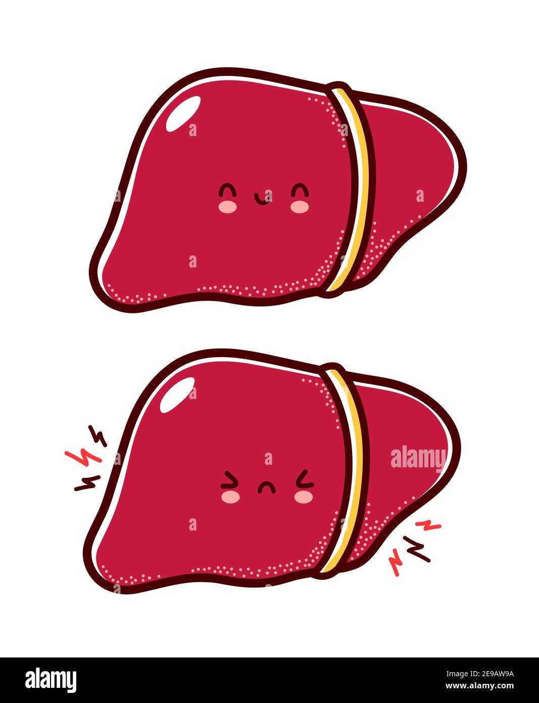 Carino sano e malato triste personaggio di fegato umano divertente organo. Icona di illustrazione del carattere kawaii della cartoon vettoriale a linea piatta. Isolato su sfondo bianco. Fegato con concetto di mascotte del carattere del viso Illustrazione Vettoriale