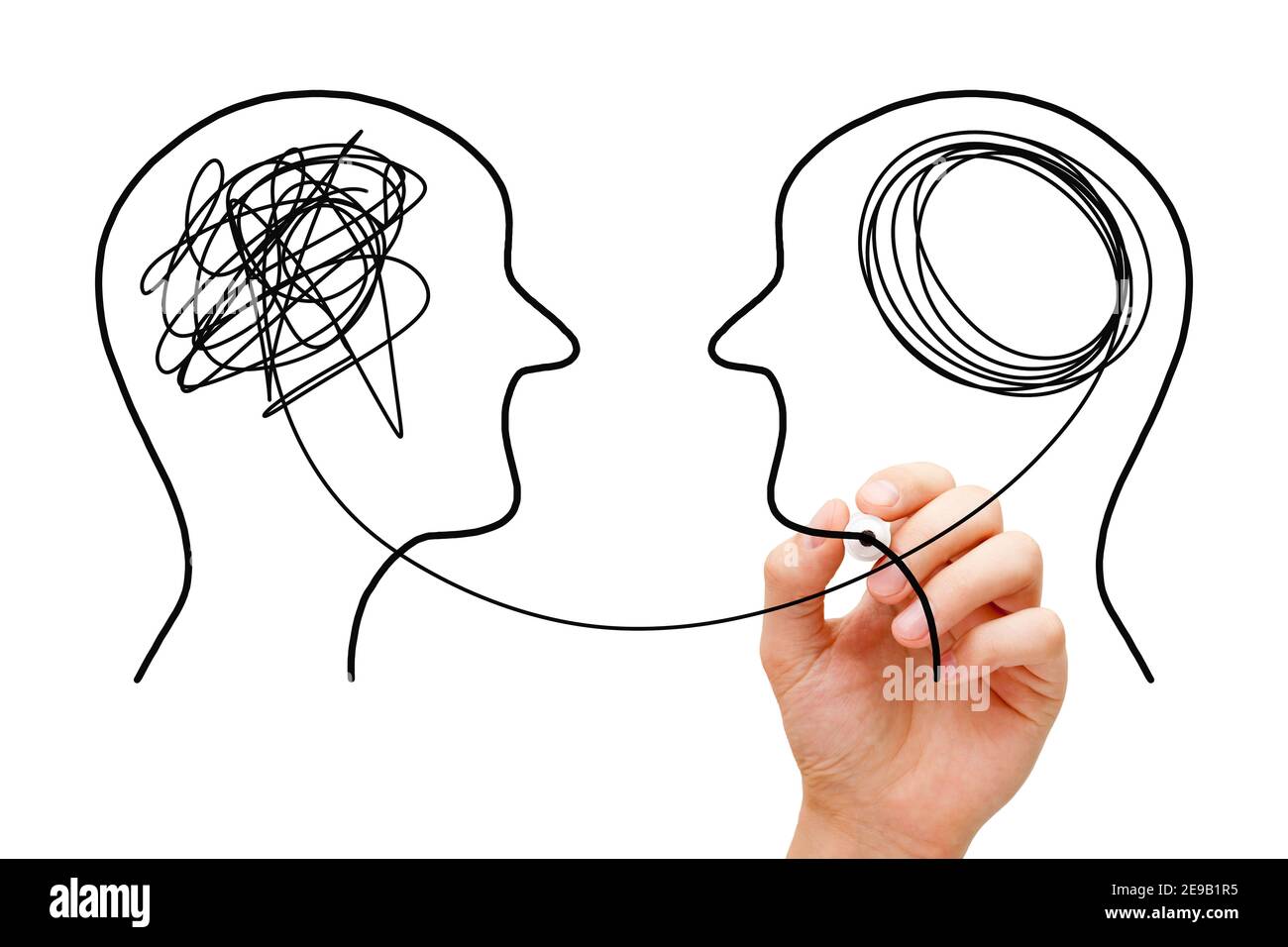 Disegno a mano concetto di depressione per la salute mentale con marcatore nero su lavagna trasparente. Foto Stock