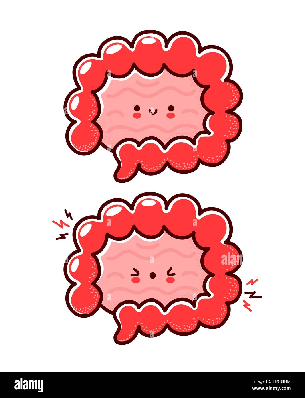 Carino sano e malato triste divertente intestino umano organo carattere. Icona di illustrazione del carattere kawaii della cartoon vettoriale a linea piatta. Isolato su sfondo bianco. Intestino con concetto di mascotte del carattere del viso Illustrazione Vettoriale